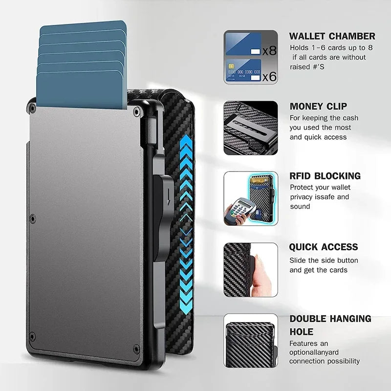 Engraving Carbon Fiber Credit Card Holder Mens Wallet Rfid Blocking Pop Up Cardholder Case Aluminium Metal Minimalist Wallet