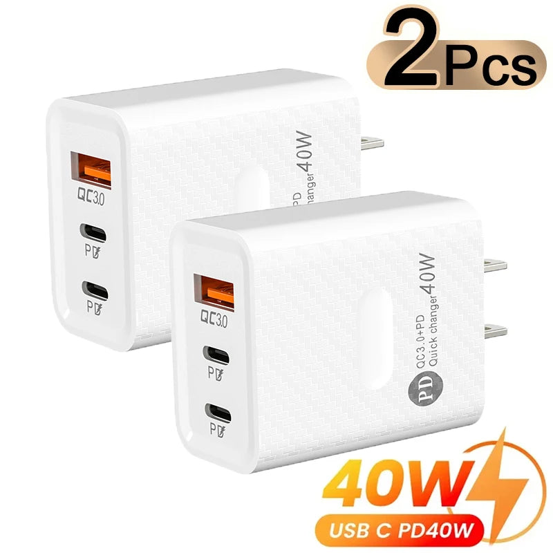2PCS PD 40W Fast USB PD Charge 3Ports US Plug Wall Charger Adapter For iPhone 15 14 13 Xiaomi Huawei Samsung USB C Phone Charger