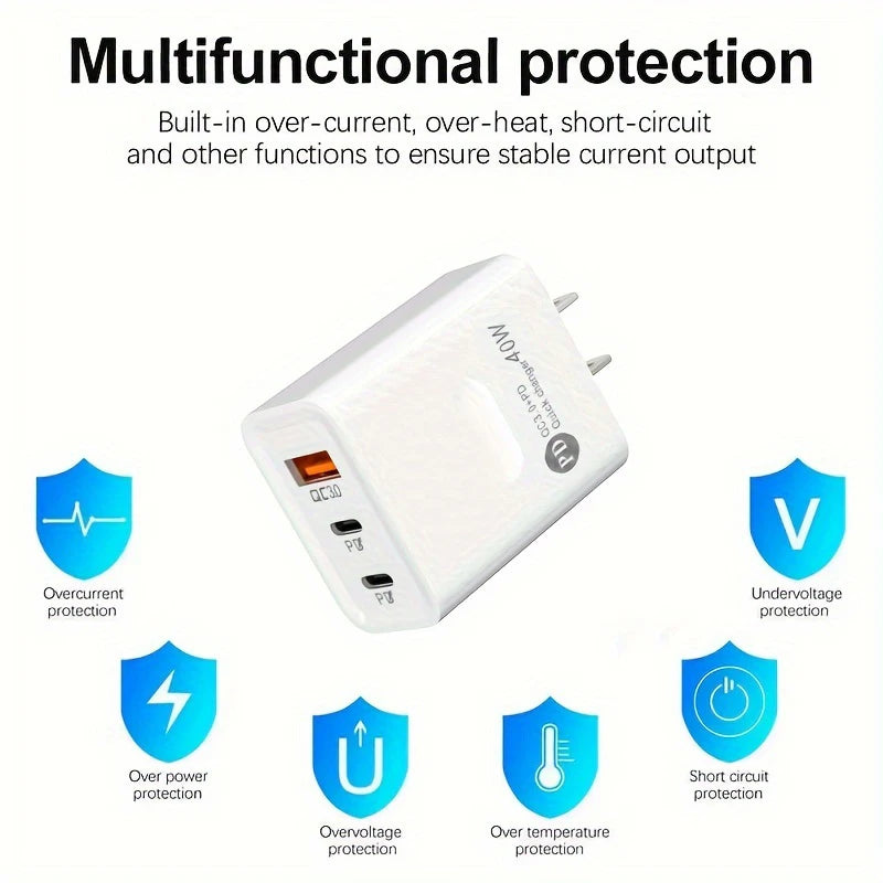 2PCS PD 40W Fast USB PD Charge 3Ports US Plug Wall Charger Adapter For iPhone 15 14 13 Xiaomi Huawei Samsung USB C Phone Charger