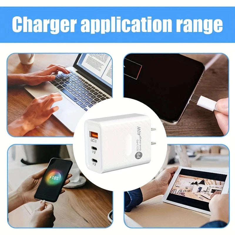 2PCS PD 40W Fast USB PD Charge 3Ports US Plug Wall Charger Adapter For iPhone 15 14 13 Xiaomi Huawei Samsung USB C Phone Charger