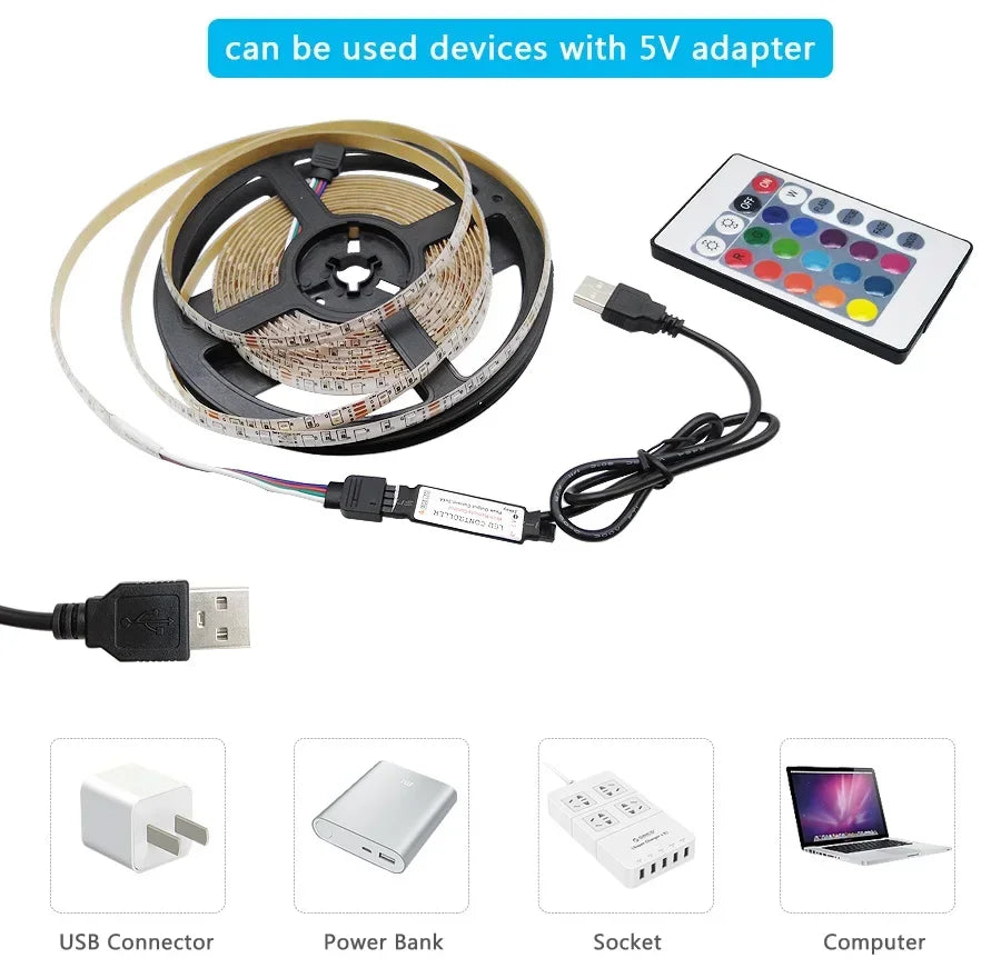 USB LED Strip Light RGB LED Bluetooth, WiFi, App, or Remote Control Light