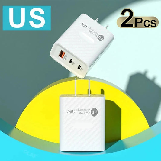 2PCS PD 40W Fast USB PD Charge 3Ports US Plug Wall Charger Adapter For iPhone 15 14 13 Xiaomi Huawei Samsung USB C Phone Charger