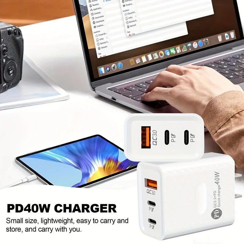 2PCS PD 40W Fast USB PD Charge 3Ports US Plug Wall Charger Adapter For iPhone 15 14 13 Xiaomi Huawei Samsung USB C Phone Charger