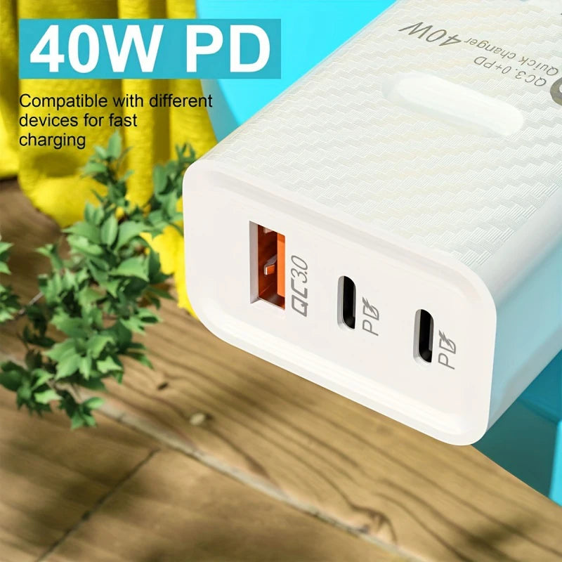 2PCS PD 40W Fast USB PD Charge 3Ports US Plug Wall Charger Adapter For iPhone 15 14 13 Xiaomi Huawei Samsung USB C Phone Charger