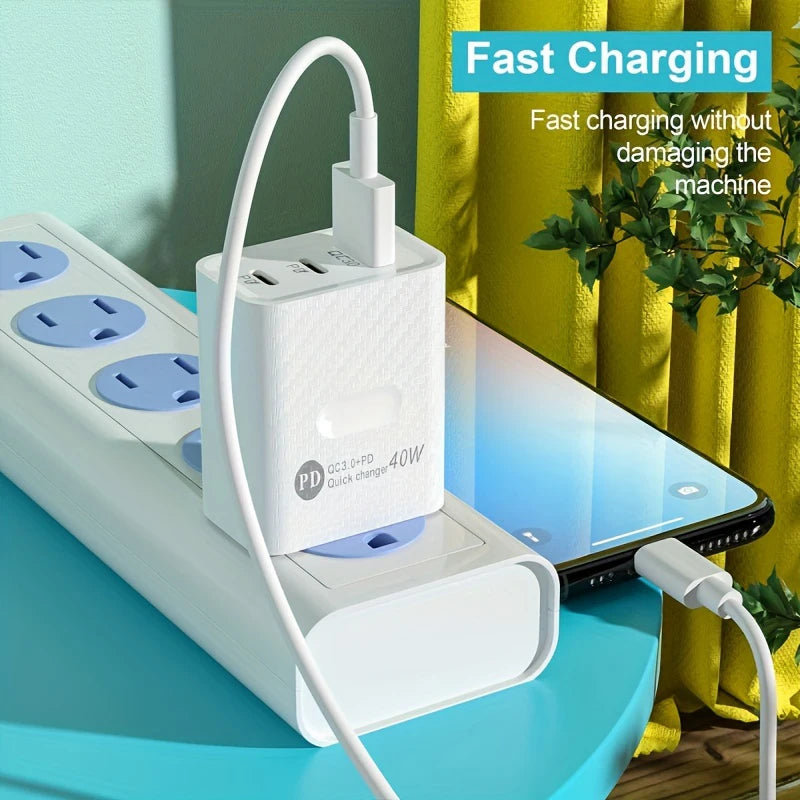 2PCS PD 40W Fast USB PD Charge 3Ports US Plug Wall Charger Adapter For iPhone 15 14 13 Xiaomi Huawei Samsung USB C Phone Charger