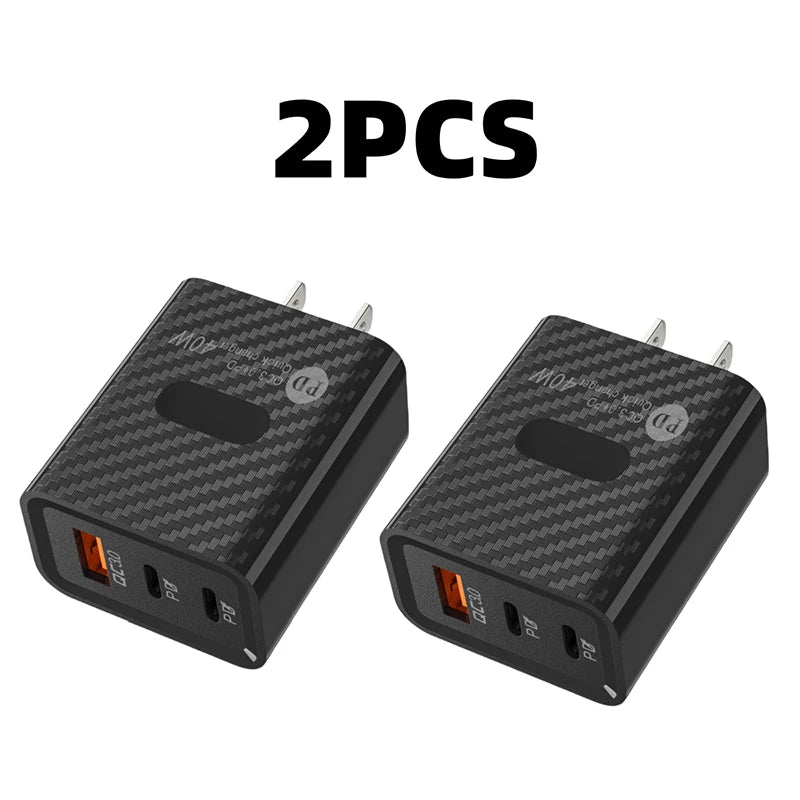 2PCS PD 40W Fast USB PD Charge 3Ports US Plug Wall Charger Adapter For iPhone 15 14 13 Xiaomi Huawei Samsung USB C Phone Charger