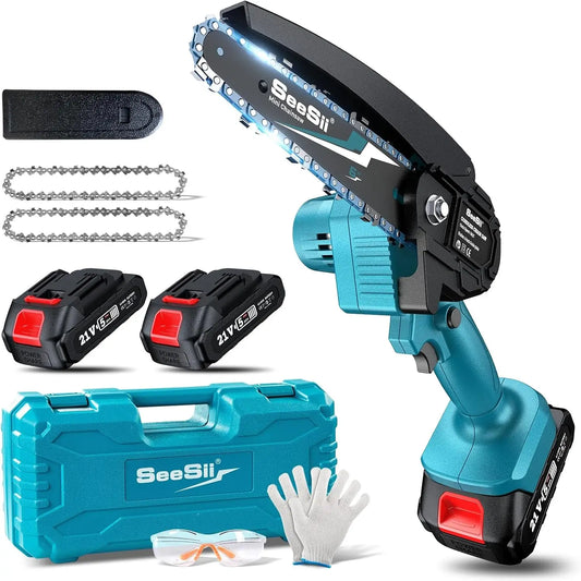 Seesii Mini Chainsaw Cordless 6“ Handheld Electric Power Chain Saw for Tree Trimming Wood Cutting Electric Pruning Saws